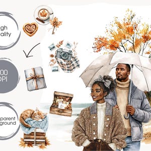 May include: Watercolor illustration featuring a couple under an umbrella, autumn leaves, and various fall-themed elements. Includes a camera, coffee, a gift, and a sleeping cat. The image has text that says "High quality", "300 DPI", and "Transparent Background".