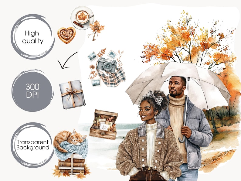 May include: Watercolor illustration featuring a couple under an umbrella, autumn leaves, and various fall-themed elements. Includes a camera, coffee, a gift, and a sleeping cat. The image has text that says "High quality", "300 DPI", and "Transparent Background".