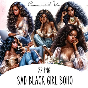 Bundle bohème fille noire triste, art numérique fille triste, fille noire qui pleure de déprime, planificateur autocollants filles, magie noire de fille, fille noire confortable PNG