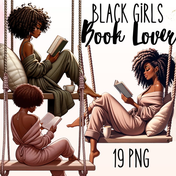 Black Girls Reading Clipart, Book Lover Clipart, Girl with Coffee Clipart, Self Love Clipart, Black girl Print of Demand, Black Girl Read