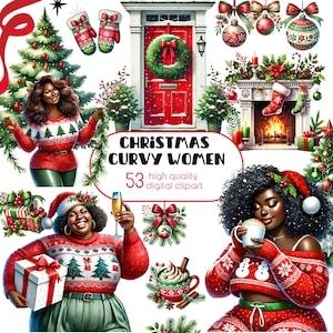 Aquarell Weihnachten kurvige Frauen Clipart, Weihnachten Clipart, schwarze Erwachsene Frau, Mode schwarzes Mädchen, Curvyfashion Clipart, gemütliche Weihnachten PNG