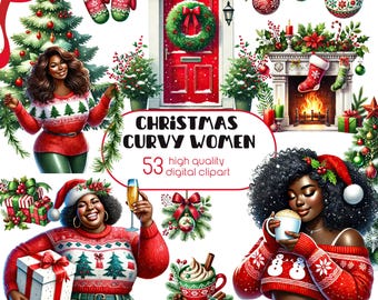 Illustrazione ad acquerello di una donna formosa per Natale, stile accogliente, in formato PNG (download digitale)