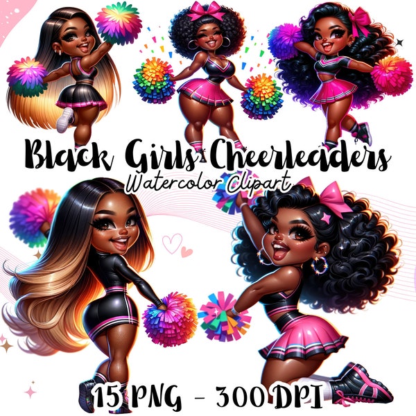 Chic Chibi Black girls Cheerleaders, Stylish Afro Girls Clipart, Sublimation Black Girl Dancing, Digital Cheerleaders Girl, Fashionable Girl