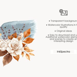 May include: Watercolor floral illustration featuring white roses, brown leaves, and lavender sprigs against a blue background. The design includes text that reads "Transparent background", "Watercolor illustrations in high quality", "Original ideas", and "Easy to download and use".