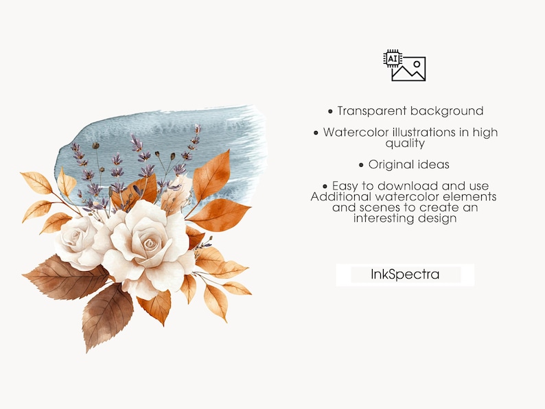 May include: Watercolor floral illustration featuring white roses, brown leaves, and lavender sprigs against a blue background. The design includes text that reads "Transparent background", "Watercolor illustrations in high quality", "Original ideas", and "Easy to download and use".