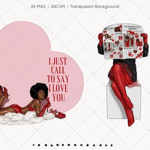 May include: Digital illustration featuring two figures. One reclines on a cloud, wearing red lingerie and gloves, with a red phone nearby. The other sits, reading a newspaper titled "Valentine's Day Edition." A pink heart shape with the text "I JUST CALL TO SAY I LOVE YOU" is also present.