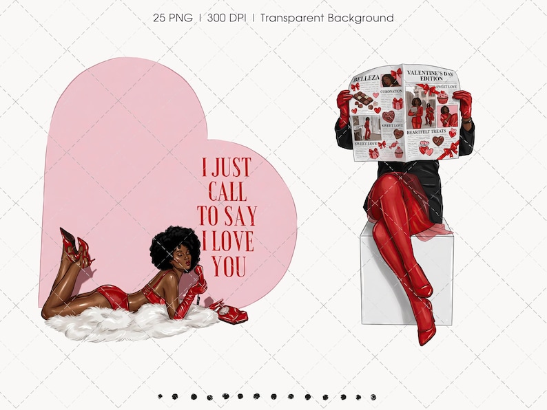 May include: Digital illustration featuring two figures. One reclines on a cloud, wearing red lingerie and gloves, with a red phone nearby. The other sits, reading a newspaper titled "Valentine's Day Edition." A pink heart shape with the text "I JUST CALL TO SAY I LOVE YOU" is also present.