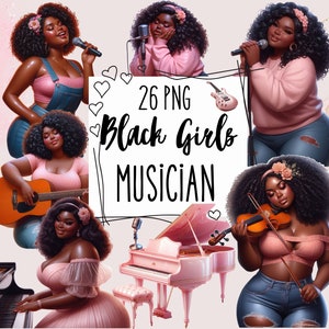 Bundle Curvy Black Girls Musicians 26 PNG Clipart, Afro Woman Music Lover, Black Girl Magic, Menina toca violão, Menina negra canta sublimação