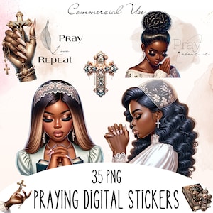 Bidden zwarte meisjes clipart, clipart, spirituele zwarte vrouw magie, digitale sticker planner, zwarte familie bidden kunst, religieuze christelijke png