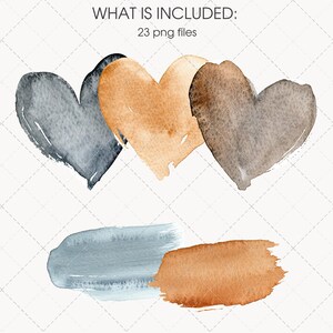 May include: Watercolor hearts and brushstrokes in shades of gray, tan, and brown. The image includes three heart shapes and two brushstroke shapes. The text "WHAT IS INCLUDED: 23 png files" is at the top.