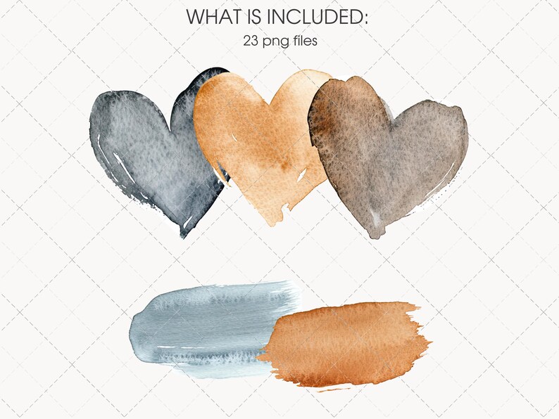 May include: Watercolor hearts and brushstrokes in shades of gray, tan, and brown. The image includes three heart shapes and two brushstroke shapes. The text "WHAT IS INCLUDED: 23 png files" is at the top.
