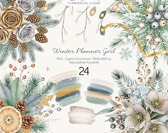 Watercolor Winter Floral Clipart, Roses, Pine (Digital Download)