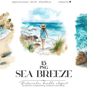 Può includere: Pacchetto di clipart ad acquerello intitolato "Sea Breeze" con scene di spiaggia con una persona che cammina verso l'oceano. Le immagini includono una spiaggia sabbiosa, rocce e onde dell'oceano. Il testo "15 PNG" è visibile.