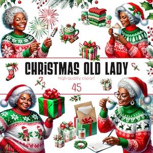 Aquarel kerst oude dame clipart, kerst clipart, zwarte volwassen vrouw, mode zwarte meid, Curvyfashion clipart, gezellige kerst, gezellige kerst png