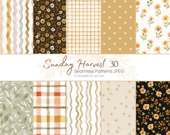 May include: A digital collection of 30 seamless patterns titled Sunday Harvest, featuring various designs including wavy lines, floral prints on black backgrounds, beige plaid, white polka dots on mustard, and botanical illustrations on white.