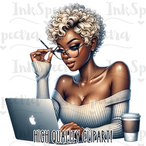 May include: A woman with blonde curly hair wearing glasses and a white sweater sits at a desk with a laptop and a cup of coffee. The text "HIGH QUALITY CLIPART!" is visible at the bottom of the image.