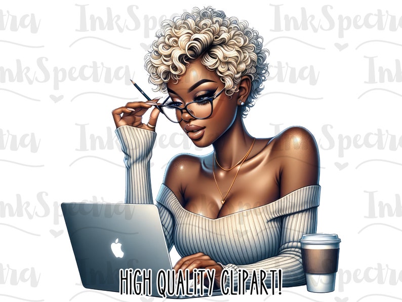 May include: A woman with blonde curly hair wearing glasses and a white sweater sits at a desk with a laptop and a cup of coffee. The text "HIGH QUALITY CLIPART!" is visible at the bottom of the image.