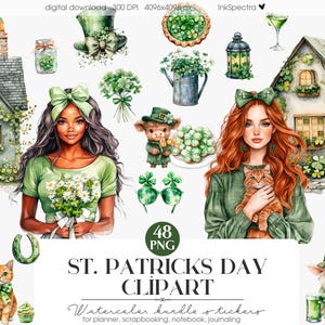 Aquarelle Saint-Patrick Clipart PNG, Lucky Cottage PNG, Clipart irlandais, Shamrock Clipart, scrapbooking, Junk Journal, Black Girl Clipart