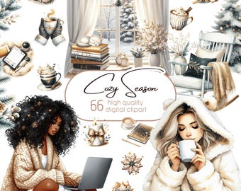 May include: Cozy Season digital clipart set with 66 illustrations featuring a woman in a white fuzzy coat drinking coffee, a woman with curly hair working on a laptop, a lit candle, a book, a cup of hot chocolate, a rocking chair, a window with snow, and a jar of cookies.