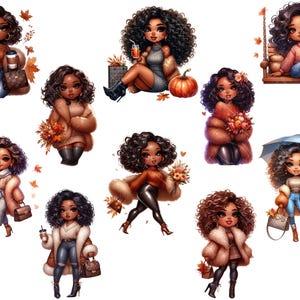 May include: Nine digital illustrations of women with brown skin and curly hair wearing fall-themed outfits. The women are wearing various outfits, including a brown coat, a red dress, a blue sweater, and a green jacket. They are also holding various items, including a pumpkin, a cup of coffee, and a book.
