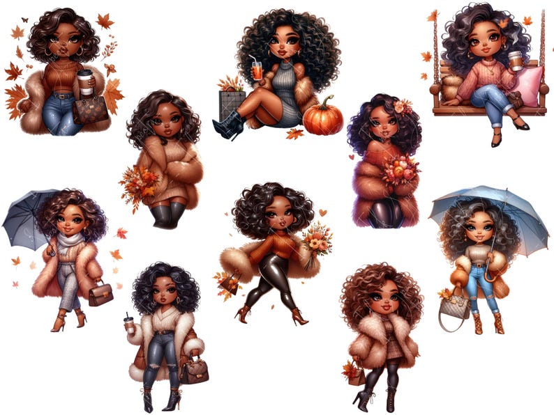 May include: Nine digital illustrations of women with brown skin and curly hair wearing fall-themed outfits. The women are wearing various outfits, including a brown coat, a red dress, a blue sweater, and a green jacket. They are also holding various items, including a pumpkin, a cup of coffee, and a book.