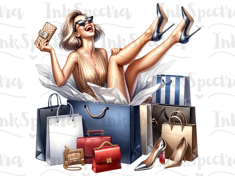 May include: A woman wearing sunglasses and a gold dress is sitting in a box filled with shopping bags. The bags are various colors and sizes, and some have stripes. The woman is holding a small purse in her hand.