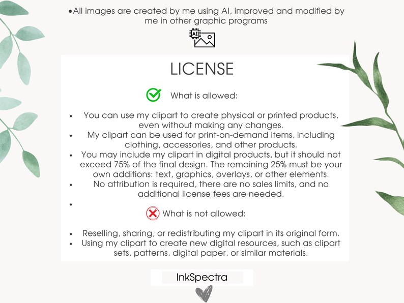 May include: A license agreement graphic with text detailing usage rights for clipart. The text is on a cream background with green leaf accents. The license allows for physical and print-on-demand product use, with some restrictions.