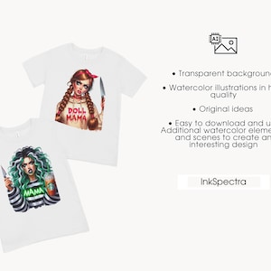 Pu&ograve; includere: Due magliette bianche con illustrazioni ad acquerello. Una presenta una bambola con trecce, una fascia rossa e la scritta "DOLL MAMA". L'altra mostra un personaggio con i capelli verdi, che tiene un coltello e una tazza di caff&egrave;, con la scritta "MAMA".