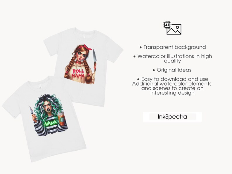 Pu&ograve; includere: Due magliette bianche con illustrazioni ad acquerello. Una presenta una bambola con trecce, una fascia rossa e la scritta "DOLL MAMA". L'altra mostra un personaggio con i capelli verdi, che tiene un coltello e una tazza di caff&egrave;, con la scritta "MAMA".