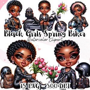 Ragazze nere in moto primaverile, Clipart digitale di moto primaverile, Ragazza afro alla moda, Ragazza chibi in moto alla moda, Grafica per planner a sublimazione