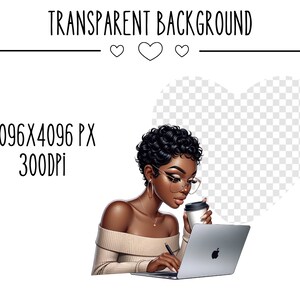 May include: A woman with dark curly hair and glasses is working on a laptop while holding a cup of coffee. She is wearing a beige off-the-shoulder top. The background is a transparent heart shape.