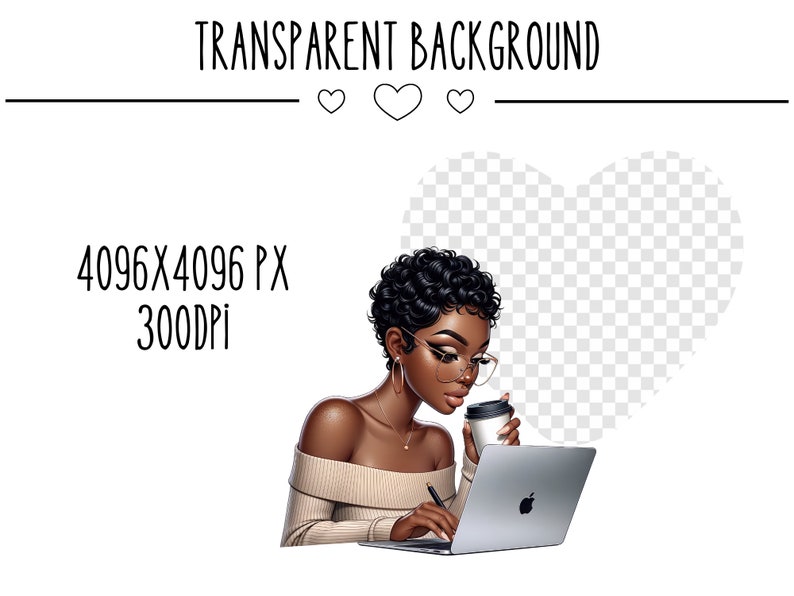 May include: A woman with dark curly hair and glasses is working on a laptop while holding a cup of coffee. She is wearing a beige off-the-shoulder top. The background is a transparent heart shape.