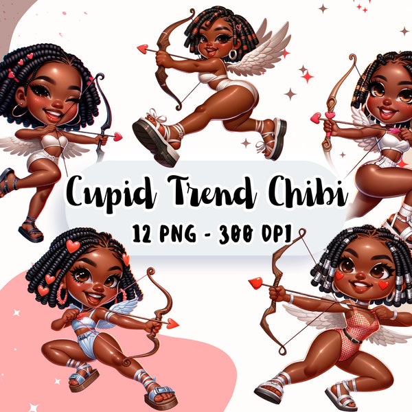 12 Chibi Black girl Cupid Clipart for Valentine's Day - Love Cupid PNG, Chibi Trend Fashionista, Valentine Cupid Chibi, Romantic Printable