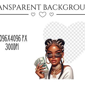 May include: A digital illustration of a woman with dark skin wearing a white shirt, gold jewelry, and sunglasses. She is holding a stack of US dollar bills in her hand.