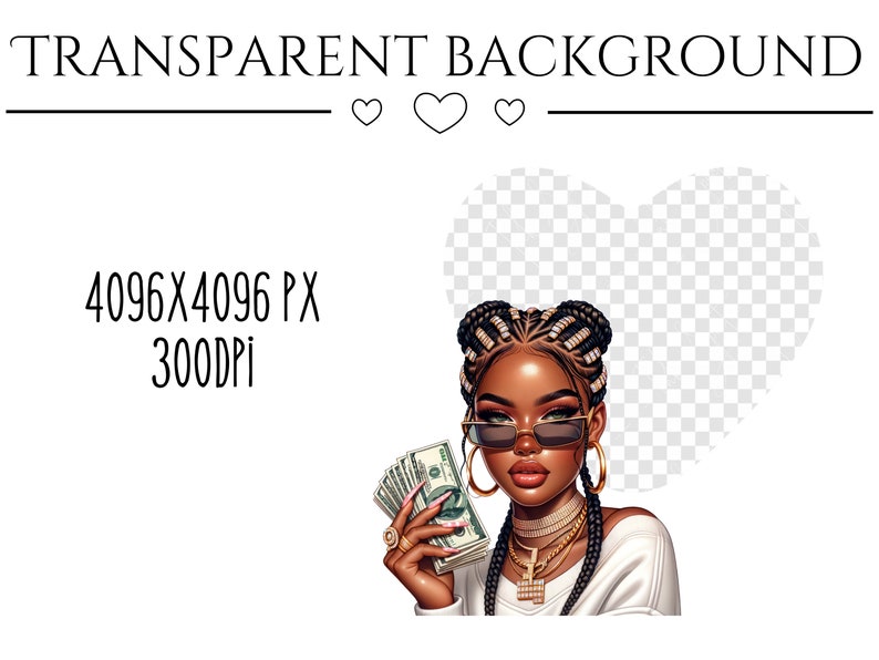 May include: A digital illustration of a woman with dark skin wearing a white shirt, gold jewelry, and sunglasses. She is holding a stack of US dollar bills in her hand.