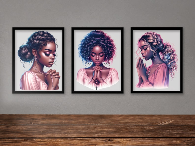 May include: Three framed illustrations of women with dark skin, each with a different hairstyle, wearing pink dresses and praying with their hands clasped together.