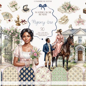 Könnte beinhalten: Aquarell-Bundle mit dem Titel "Regency Era" mit Illustrationen einer Frau, eines Paares auf einem Pferd, eines Hauses und Zubehör wie Blumen, einem Spiegel und einer Schmuckschatulle. Enthält gemusterte Hintergründe.