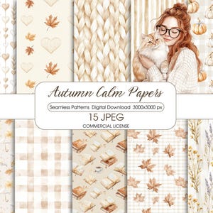 Op de afbeelding: Digitale download van 15 JPEG naadloze patronen met een herfstthema. De patronen bevatten bladeren, harten, pompoenen en ruitpatronen in tinten beige, bruin en crème. De afbeelding bevat ook de tekst "Autumn Calm Papers".
