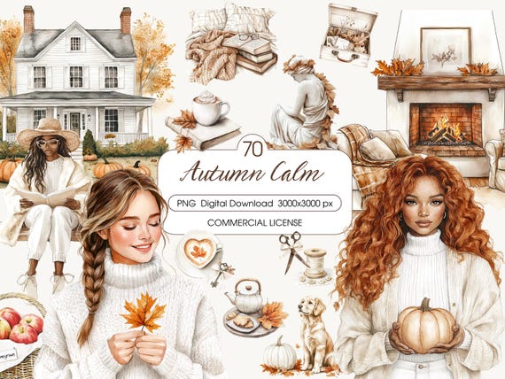 Watercolor Autumn Cozy Clipart Bundle, Cottagecore Fall Aesthetic, Reading, Pumpkins, Books, Journaling PNG, Scrapbooking, Commercial Use
