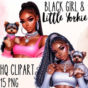 Pacchetto di clipart di ragazza nera con piccolo Yorkshire Terrier, Yorkshire Terrier carino, ragazza con cane, cucciolo di Yorkshire, ragazza nera magica, clipart PNG per amanti dei cani