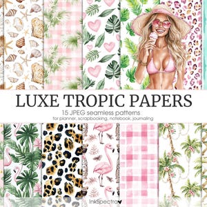 Aquarell Tropic Patterns JPEG, Palmenblätter Muster, Tropischer Sommer Strand Digitaler Download, Rosa Blumen Floral Scrapbook Papiere