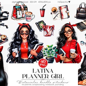 Aquarelle fille Latina Clipart, autocollants numériques fille agenda, autocollants pour ordinateur portable, mode chicana hispanique autocollants PNG