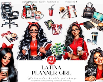 Watercolor Latina Planner Girl Stickers, Chicana Hispanic Clipart (Digital Download)
