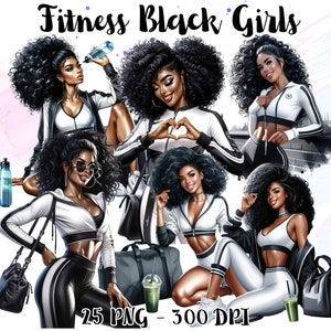 Remise en forme des cliparts filles noires, salle de sport filles PNG, fashion girl, planner girl clipart, clipart amour de soi, femme sportive noire, femme noire magique