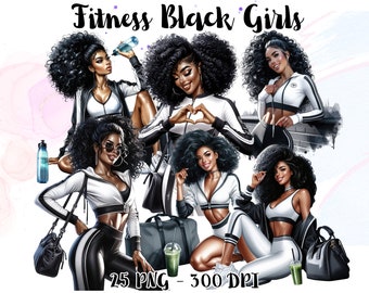 May include: Digital illustration of five Black women in athletic wear, holding water bottles and smoothies. The women are wearing white and black athletic wear and have long, curly hair. The image is titled "Fitness Black Girls" and includes the text "25 PNG - 300 DPI".