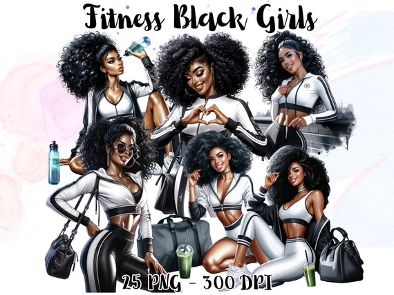 Fitness Black Woman Clipart, Gym Girls PNG, Planner Stickers (Digital Download)