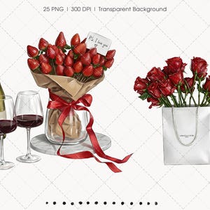 May include: An illustration featuring a bottle of wine, two wine glasses filled with red wine, a bouquet of strawberries, and a bouquet of red roses in a white bag. A note reading "P.S. I love you" is included.