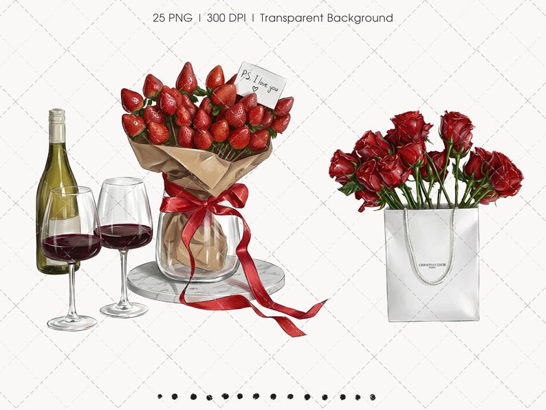 May include: An illustration featuring a bottle of wine, two wine glasses filled with red wine, a bouquet of strawberries, and a bouquet of red roses in a white bag. A note reading "P.S. I love you" is included.