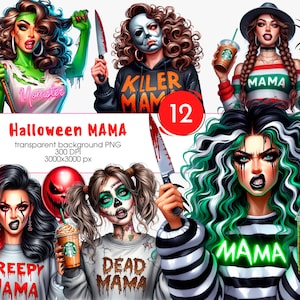 Pu&ograve; includere: Illustrazione digitale di donne in costume di Halloween, che tengono oggetti di scena come coltelli e tazze di caff&egrave;. Il testo include "Halloween MAMA", "Monster", "Creepy Mama" e "Dead Mama".