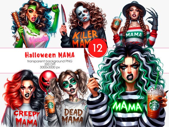 Mama Spooky Clipart Bundle, Sassy Girl Halloween PNG, Scary Movie Design, Skeleton Zombie, Horror TShirt Tumbler Sublimation PNG